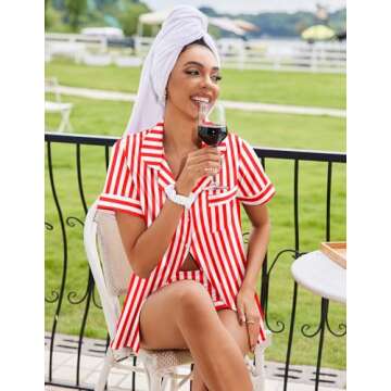 Ekouaer Womens Silk Satin Pajamas Sets 2 Piece Short Sleeve Sleepwear Button Down Top and Shorts Pjs Lounge Wear Sets,Red Striped,XL
