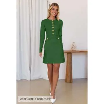 MEROKEETY Women's Long Sleeve Bodycon Sweater Dress Button Crew Neck Elegant Formal Mini Dresses, Green, Large