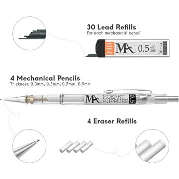 MozArt Mechanical Pencil Set - 4 Sizes with Refills and Case