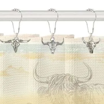 Cow Shower Curtain Hooks, Western Cowboy Shower Curtain Hooks Rings Highland Cow Bathroom Decor Metal Silvery Farmhouse Rustic Farm Decorative Shower Curtain Hooks