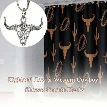 Cow Shower Curtain Hooks, Western Cowboy Shower Curtain Hooks Rings Highland Cow Bathroom Decor Metal Silvery Farmhouse Rustic Farm Decorative Shower Curtain Hooks
