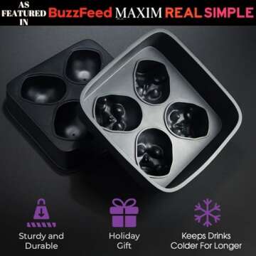 SHAPED 3D Large Skull Ice Cube Mold Tray, Round Whiskey Ice Mold with Lid for Whiskey Drinkers, Bart...