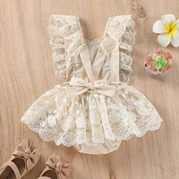 Engofs Baby Girl Boho 1st Birthday Romper Lace Floral Photoshoot Cake Smash Outfit Khaki 6-12 Months