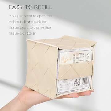 Tissue Box Cover PU Leather Square Tissue Holder Facial Peper Organizer Dispenser for Bathroom, Bedroom, Vanity Countertop, Office, Car, Beige