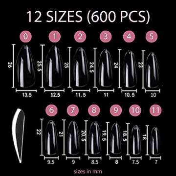 Flossy Nail Soft Gel Nail Tip Box 600pcs Almond Shape Medium Length Full Cover 12 sizes Pre-shaped Soak Off Nail Extensions DIY