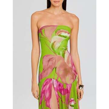 Women Tube Top Dress Tiger Stripe Mesh Patchwork Maxi Dress Strapless Sexy High Slit Long Dresses Pa...