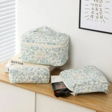 AMULOKRU Quilted Makeup Bag Set with Floral Design