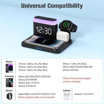 Wireless Charging Station, 5 in 1 Wireless Charger Stand with Alarm Clock, 7 Night Lights, Charging Dock for iPhone16/15/14/13/12/11/Pro/Max/XR/Samsung Phone, Apple Watch 9/8/7/6/5/SE, AirPods/3/2/1