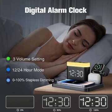 Wireless Charging Station, 5 in 1 Wireless Charger Stand with Alarm Clock, 7 Night Lights, Charging Dock for iPhone16/15/14/13/12/11/Pro/Max/XR/Samsung Phone, Apple Watch 9/8/7/6/5/SE, AirPods/3/2/1