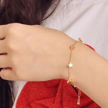 Gold Star Charm Bracelet for Women Dainty Star Chain Bracelet Adjustable Heart Star Link Bracelet An...
