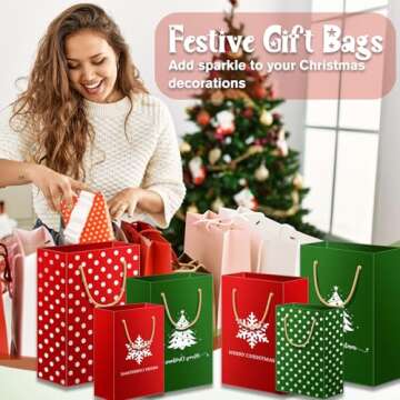 Christmas Gift Bags Assorted Sizes Red and Green Style Evergreen Tree Christmas plaid for XMas and Christmas Snowflakes with Handle Holiday Gift Bags(12 Bags: 4 Large 16", 4 Medium 13", 4 Small 8")