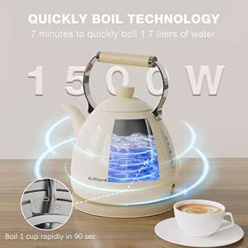 Anfilank Electric Kettle For Coffee & Tea -1.7L Water Boiler 1500W Fast Boiling, Visual Water Level,...