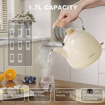 Anfilank Electric Kettle For Coffee & Tea -1.7L Water Boiler 1500W Fast Boiling, Visual Water Level, Removable Filter, LED Indicator Light. Auto Shut-off & Boil-Dry Protection - BPA Free (Cream)