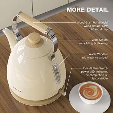 Anfilank Electric Kettle For Coffee & Tea -1.7L Water Boiler 1500W Fast Boiling, Visual Water Level, Removable Filter, LED Indicator Light. Auto Shut-off & Boil-Dry Protection - BPA Free (Cream)