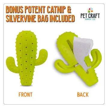 Pet Craft Supply Cactus Interactive Cat Toy Chew Toy Teeth Cleaning Bite Resistant 100% Natural Rubber with Bonus Catnip and Silvervine Bags for Kittens and Adult Cat