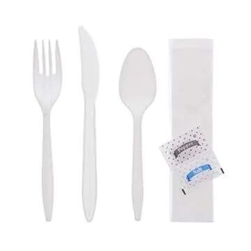 50 Plastic Cutlery Packets - Knife Fork Spoon Napkin Salt Pepper Sets | White Plastic Silverware Set...