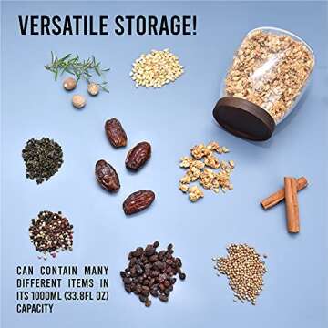 PreZervers Elegant Glass Food Jar with Wooden Lid - 33.8 Fl Oz (1000ml) - Airtight, Microwave & Dishwasher Safe - Perfect for Cookies, Spices, Tea, Candy & More