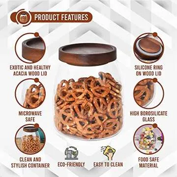 PreZervers Elegant Glass Food Jar with Wooden Lid - 33.8 Fl Oz (1000ml) - Airtight, Microwave & Dishwasher Safe - Perfect for Cookies, Spices, Tea, Candy & More