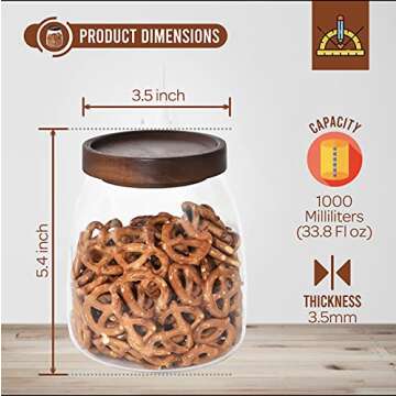 PreZervers Elegant Glass Food Jar with Wooden Lid - 33.8 Fl Oz (1000ml) - Airtight, Microwave & Dishwasher Safe - Perfect for Cookies, Spices, Tea, Candy & More