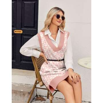 Zeagoo Sweater Dresses for Women 2024 Sweater Vest Fall Winter Dresses V Neck Long Vest Pink Dress for Women Pink Love M