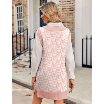 Zeagoo Sweater Dresses for Women 2024 Sweater Vest Fall Winter Dresses V Neck Long Vest Pink Dress for Women Pink Love M