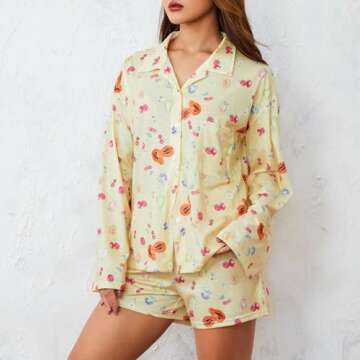 Seyurigaoka Women 2 Piece Floral Pajamas Set Y2k Long Sleeve Button Down Shirt Side Split Shorts Set Sleepwear (Fruit Print Yellow, S)