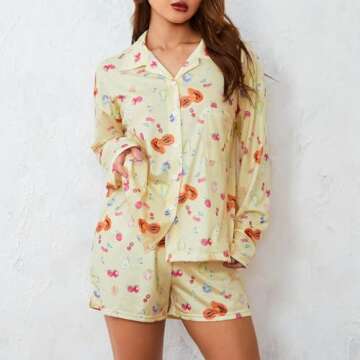 Seyurigaoka Women 2 Piece Floral Pajamas Set Y2k Long Sleeve Button Down Shirt Side Split Shorts Set Sleepwear (Fruit Print Yellow, S)
