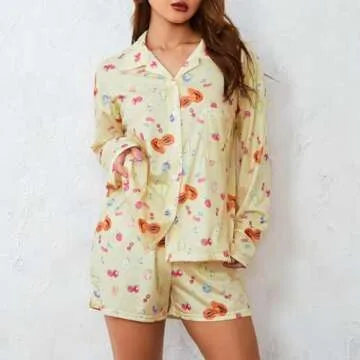 Seyurigaoka Women 2 Piece Floral Pajamas Set Y2k Long Sleeve Button Down Shirt Side Split Shorts Set Sleepwear (Fruit Print Yellow, S)