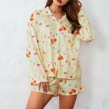 Seyurigaoka Women 2 Piece Floral Pajamas Set Y2k Long Sleeve Button Down Shirt Side Split Shorts Set Sleepwear (Fruit Print Yellow, S)