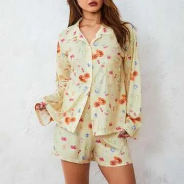 Seyurigaoka Women 2 Piece Floral Pajamas Set Y2k Long Sleeve Button Down Shirt Side Split Shorts Set Sleepwear (Fruit Print Yellow, S)