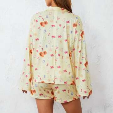 Seyurigaoka Women 2 Piece Floral Pajamas Set Y2k Long Sleeve Button Down Shirt Side Split Shorts Set Sleepwear (Fruit Print Yellow, S)