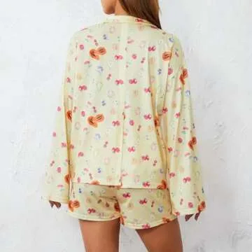 Seyurigaoka Women 2 Piece Floral Pajamas Set Y2k Long Sleeve Button Down Shirt Side Split Shorts Set Sleepwear (Fruit Print Yellow, S)