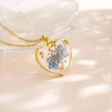 KBFORU Heart Necklace - Handmade Pressed Flower Necklace,Forget Me Not And Queen Anne'S Lace Pressed Wildflower,Forget-Me-Not Flowers Symbolize True Love And Respect - Gold | 18”