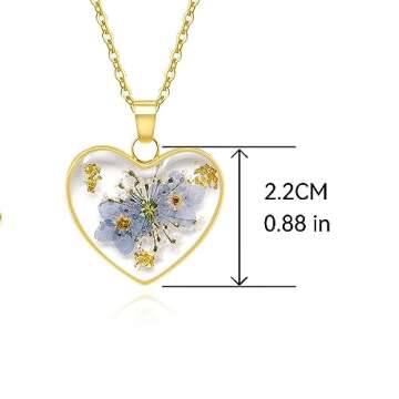 KBFORU Heart Necklace - Handmade Pressed Flower Necklace,Forget Me Not And Queen Anne'S Lace Pressed Wildflower,Forget-Me-Not Flowers Symbolize True Love And Respect - Gold | 18”