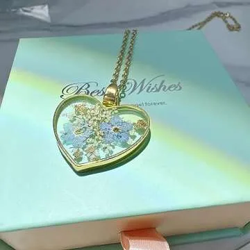 KBFORU Heart Necklace - Handmade Pressed Flower Necklace,Forget Me Not And Queen Anne'S Lace Pressed Wildflower,Forget-Me-Not Flowers Symbolize True Love And Respect - Gold | 18”