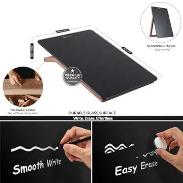 Desktop Black Glass Dry Erase Whiteboard with Reversible Wood Stand, Small Portable White Board Easel for Desk, Reusable Desk Notepad 9.5"x6.7" for Office, Home, School, Marker&Eraser Included, Yeoux