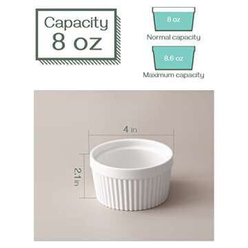 DOWAN 8 oz Ramekins for Creme Brulee Porcelain Ramekins Oven Safe, Classic Style Ramekins for Baking Souffle Ramekins Bowls, Set of 6, White
