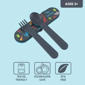 Bentgo Kids Utensil Set - Reusable Plastic Fork, Spoon & Storage Case - BPA-Free Materials, Easy-Grip Handles, Dishwasher Safe - Ideal for School Lunch, Travel, & Outdoors (Dinosaur)