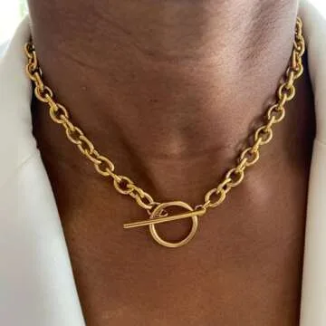 Sewyer Gold Chunky Necklace for Women 14K Gold Plated Chain Clasp Toggle Necklaces Paperclip Statement Link T-Bar Clasp Dainty Gold Necklace Jewelry Gifts