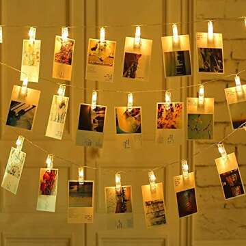 MZD8391 50 Photo Clips String Lights/Holder, Indoor Fairy Lights for Hanging Photos Pictures Cards and Memos, Ideal Gift (Warm White)