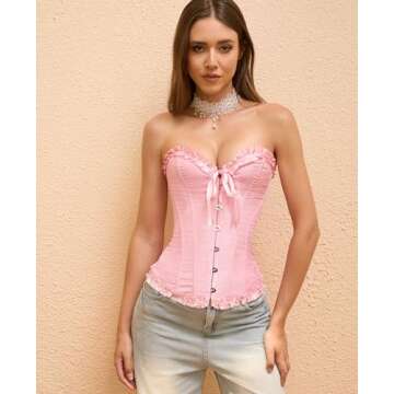 SZIVYSHI Powder Pink Corset Top for Women - Overbust Lace Up Waist Cincher Bustier Lingerie - Corsett - Size S
