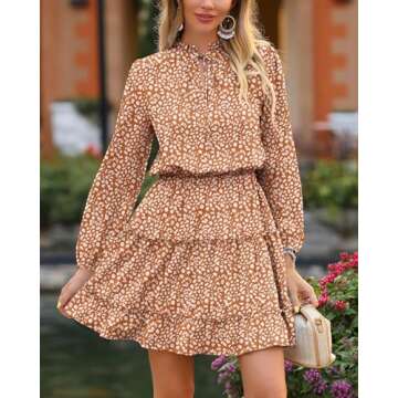 BTFBM Women Casual Summer Fall Dresses Tie V Neck Long Sleeve High Waist Ruffle Tiered A Line Swing Tunic Mini Dress(Leopard Coffee, Small)