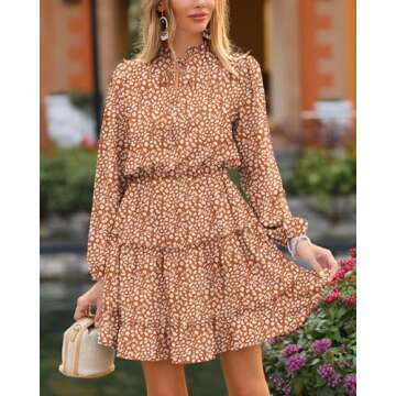 BTFBM Women Casual Summer Fall Dresses Tie V Neck Long Sleeve High Waist Ruffle Tiered A Line Swing Tunic Mini Dress(Leopard Coffee, Small)