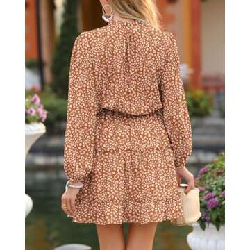 BTFBM Women Casual Summer Fall Dresses Tie V Neck Long Sleeve High Waist Ruffle Tiered A Line Swing Tunic Mini Dress(Leopard Coffee, Small)