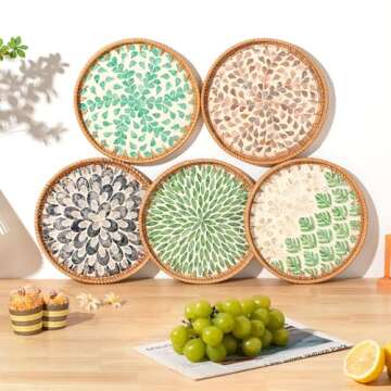 Round Rattan Tray with Mother of Pearl Inlay, Coffee Table Wicker Tray with Wooden Base, Decorative ...