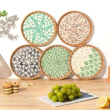 Round Rattan Tray with Mother of Pearl Inlay, Coffee Table Wicker Tray with Wooden Base, Decorative ...