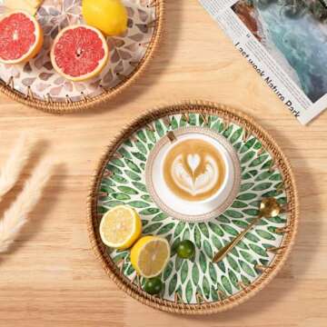Round Rattan Tray with Mother of Pearl Inlay, Coffee Table Wicker Tray with Wooden Base, Decorative Trays for Home Decor and Display of Coffee Food Fruit Bread Coffee Bread (Green Leaf)