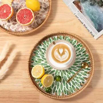 Round Rattan Tray with Mother of Pearl Inlay, Coffee Table Wicker Tray with Wooden Base, Decorative Trays for Home Decor and Display of Coffee Food Fruit Bread Coffee Bread (Green Leaf)