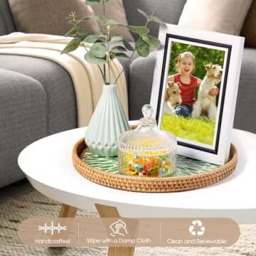 Round Rattan Tray with Mother of Pearl Inlay, Coffee Table Wicker Tray with Wooden Base, Decorative Trays for Home Decor and Display of Coffee Food Fruit Bread Coffee Bread (Green Leaf)