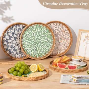 Round Rattan Tray with Mother of Pearl Inlay, Coffee Table Wicker Tray with Wooden Base, Decorative Trays for Home Decor and Display of Coffee Food Fruit Bread Coffee Bread (Green Leaf)